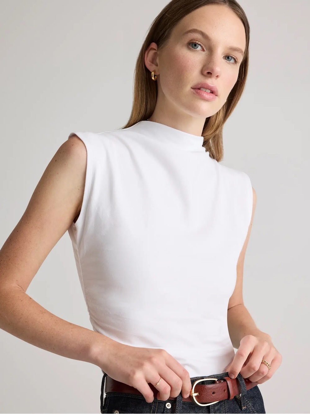 NWT Quince Stretch Organic Cotton Jersey Sleeveless Mock Neck Top | S